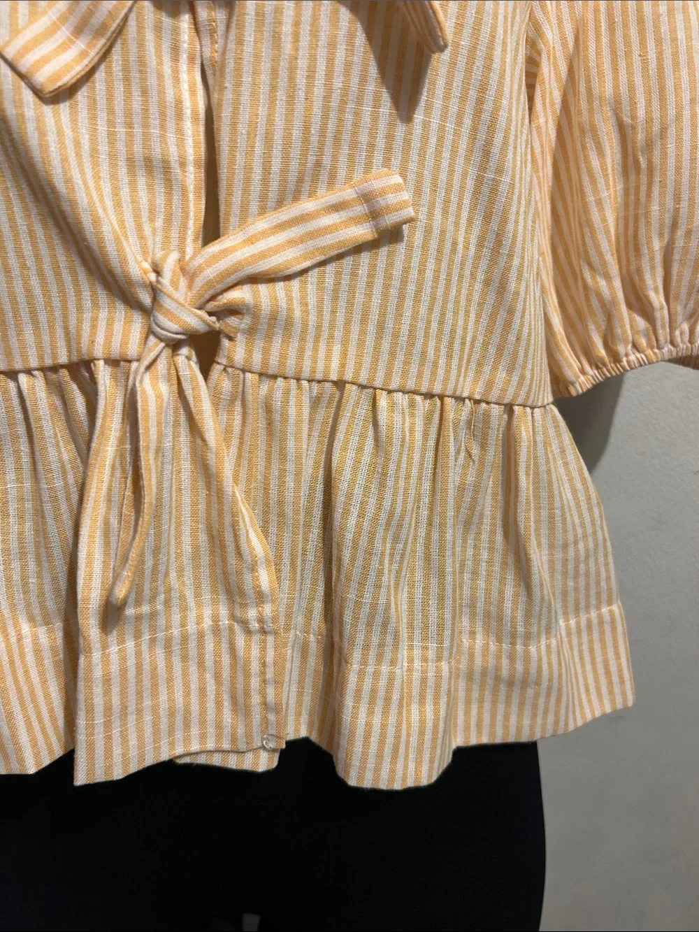 SHEIN Yellow Striped Tie-Front Puff Sleeve Blouse - Picture 3 of 7